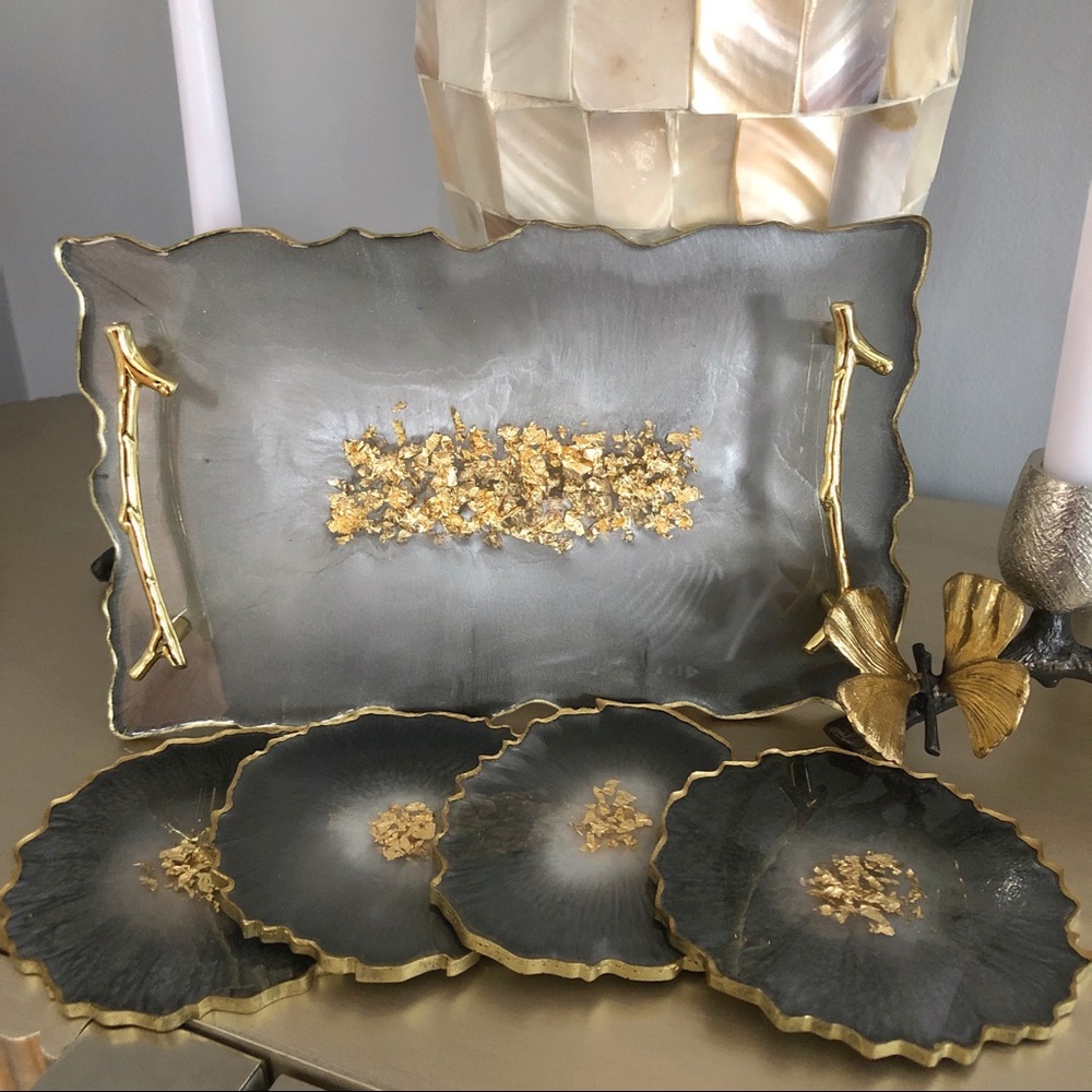 💎Geode Resin Grey/Gold Coffee Tray & Coaster Set